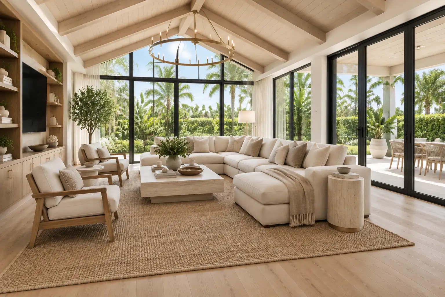 Two-story Florida residence with a shaded patio, balcony, and tropical landscaping