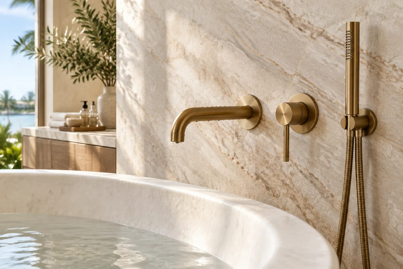 Refined Boca Raton bathroom with a floating white-oak vanity, honed limestone, and warm metal fixtures