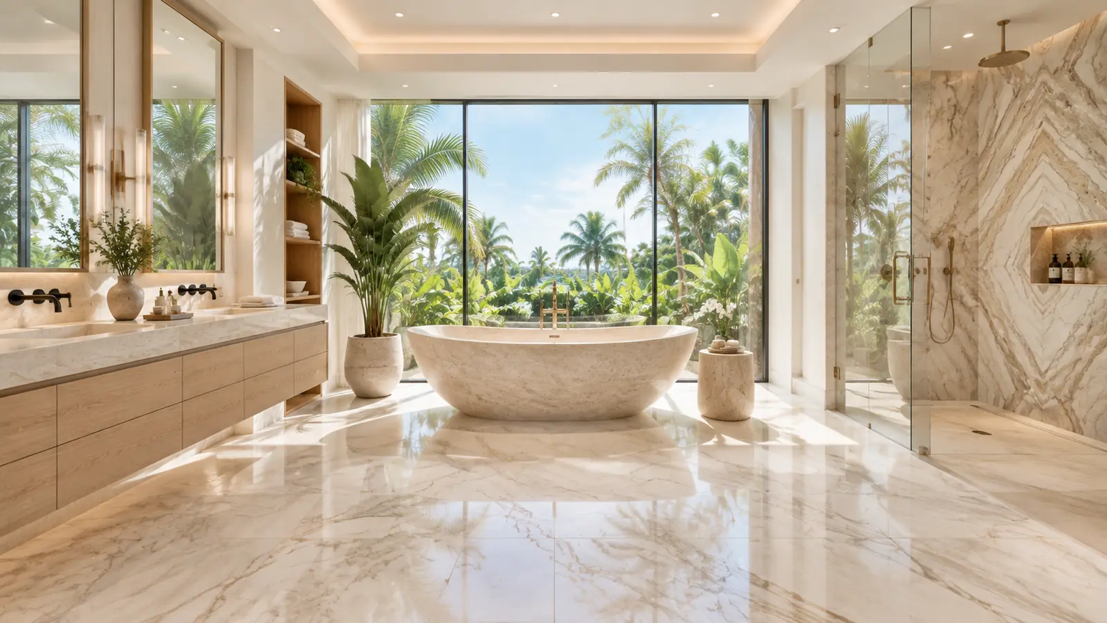 Completed luxury Boca Raton bathroom with a zero-entry glass shower, floating white-oak vanity, and honed limestone finishes