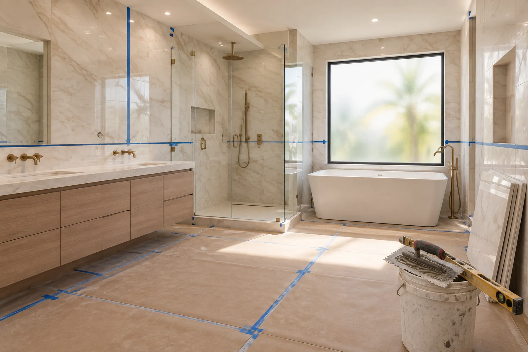 Homeowner and construction professional reviewing bathroom selections in a bright South Florida interior