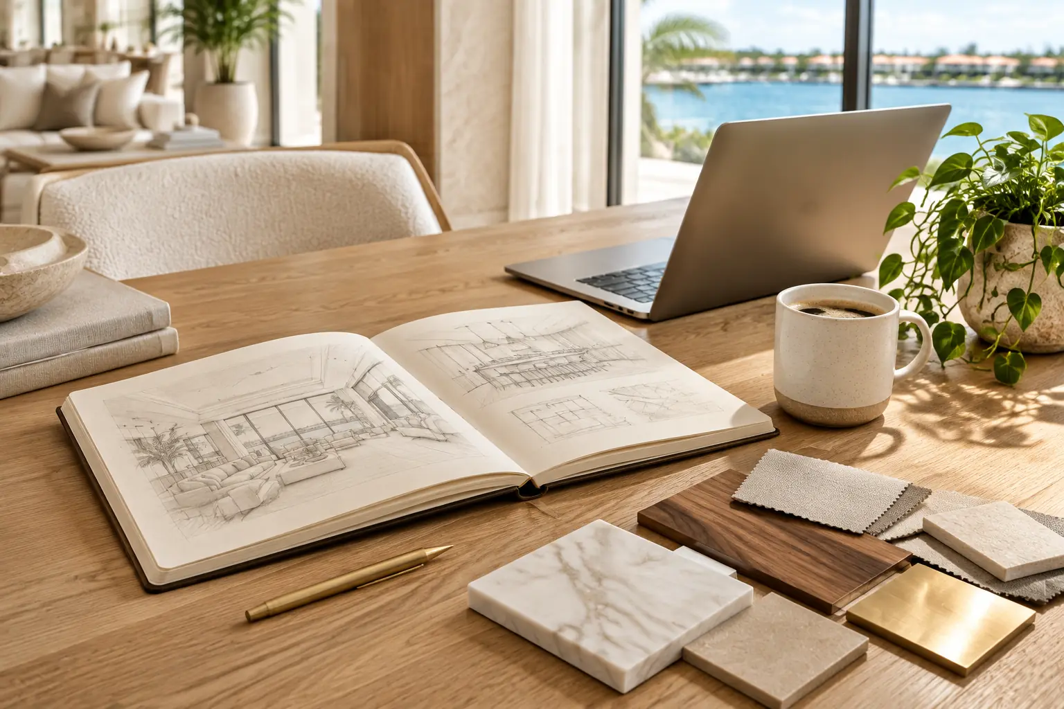 Architectural plans, material samples, and a laptop arranged as a South Florida design journal