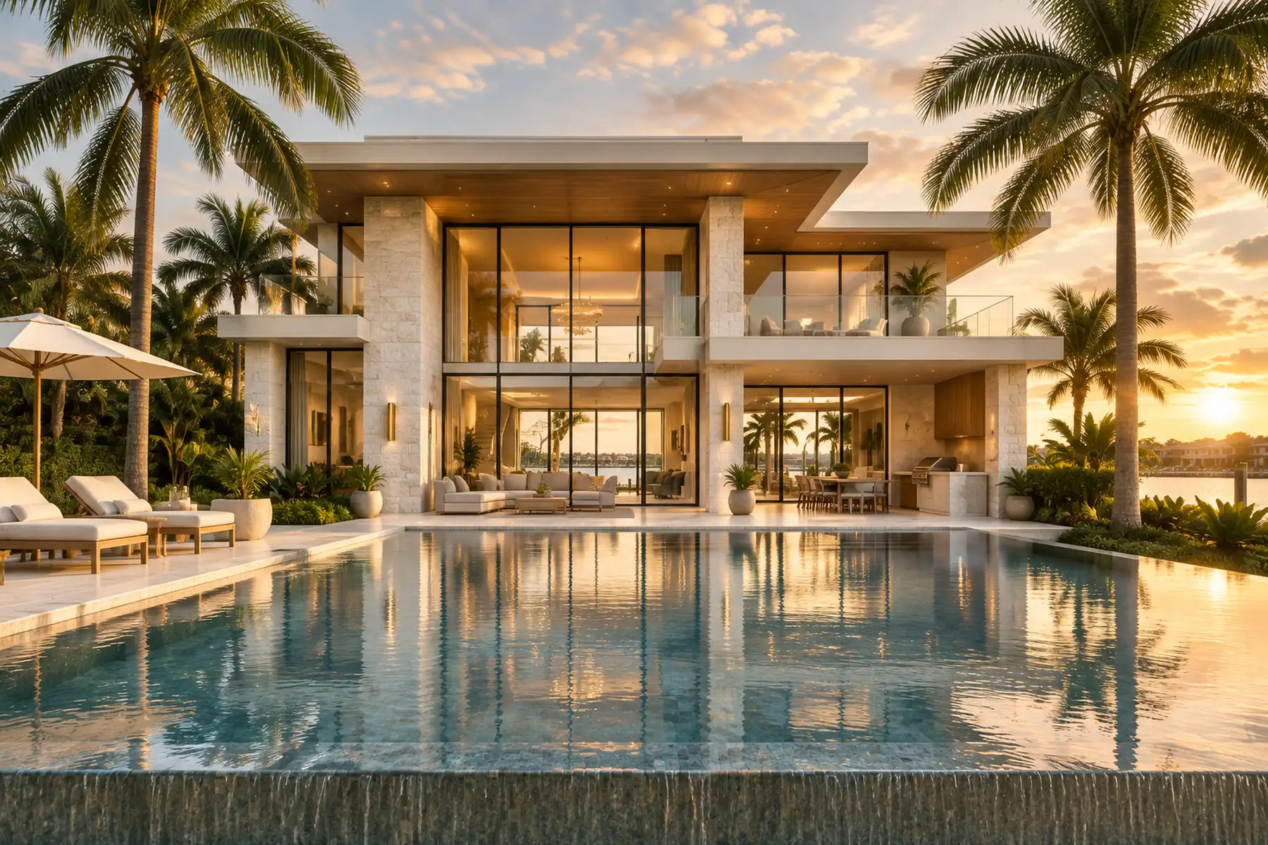 Contemporary South Florida custom home with clean geometry, tropical landscaping, and a sheltered entry