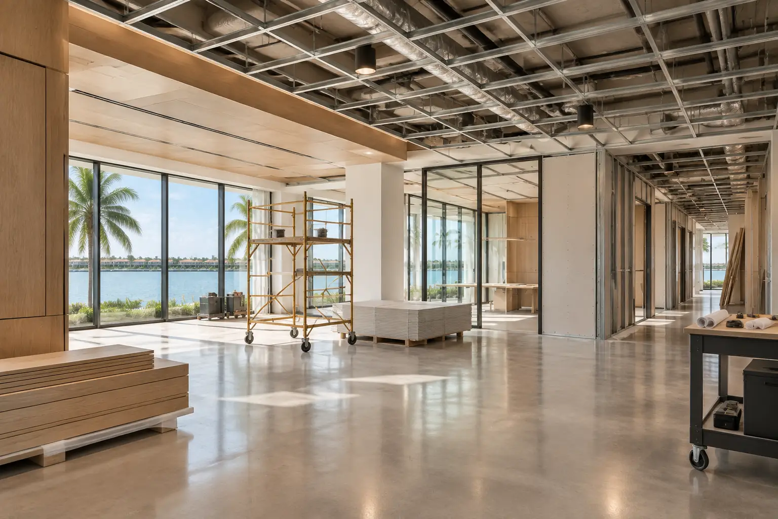 Construction professionals coordinating work inside a bright commercial interior under renovation