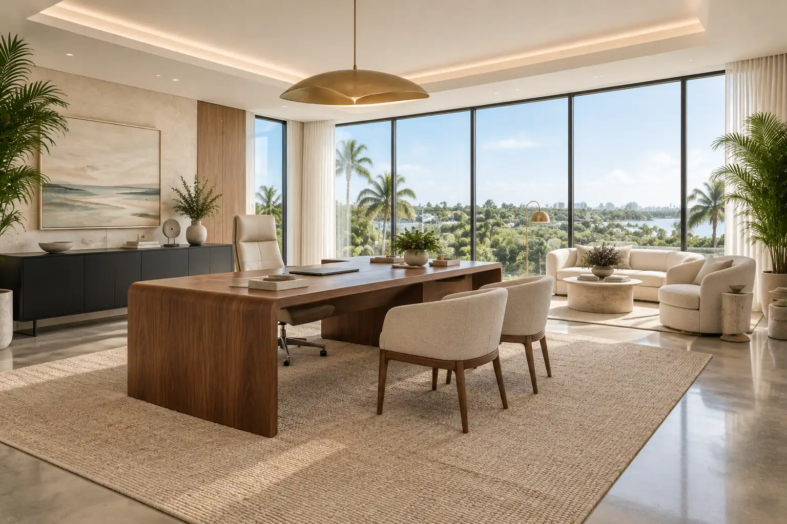 Completed high-end commercial office renovation with reception and collaborative workspace