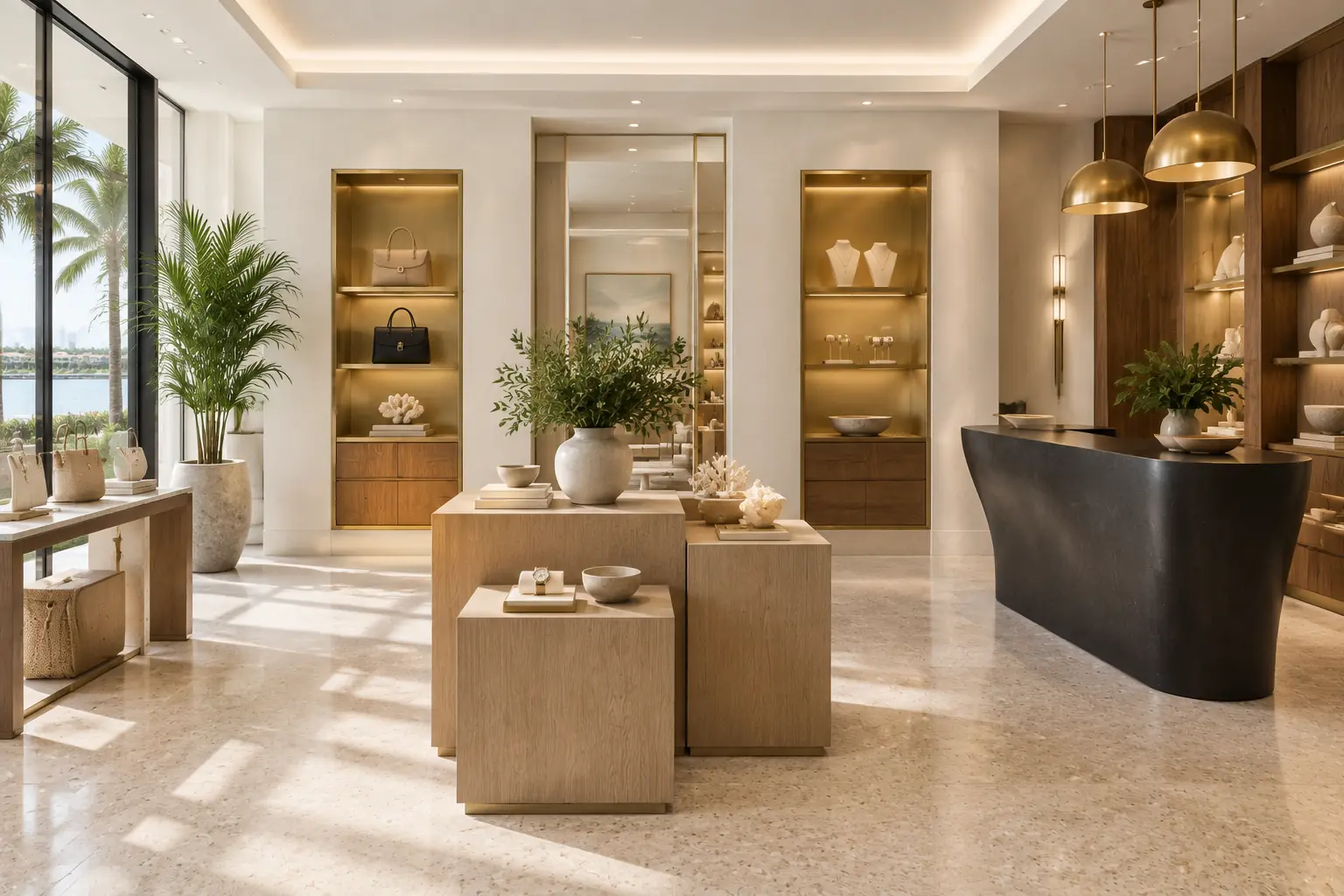 Completed South Florida commercial interior with warm millwork, glass, and tropical daylight