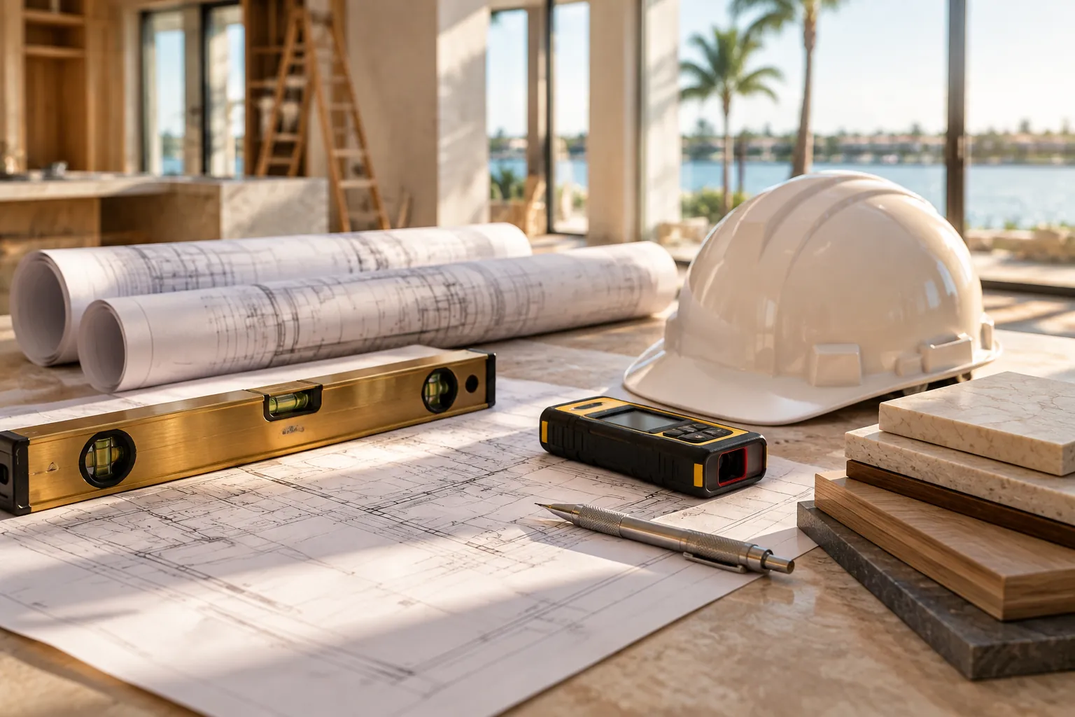 Construction professionals reviewing architectural plans inside an active South Florida residence