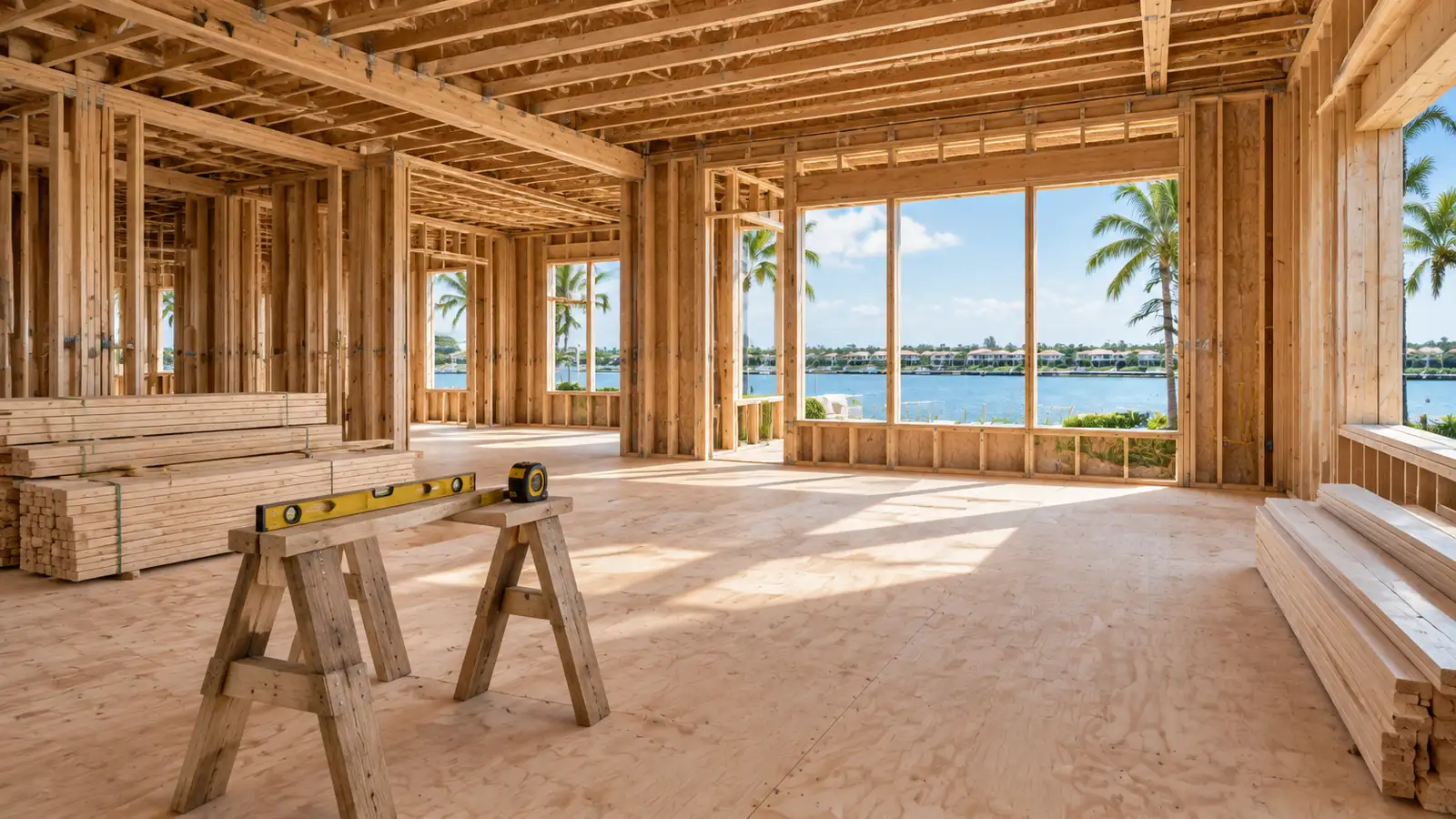 Construction manager and architect reviewing project plans inside an upscale South Florida renovation