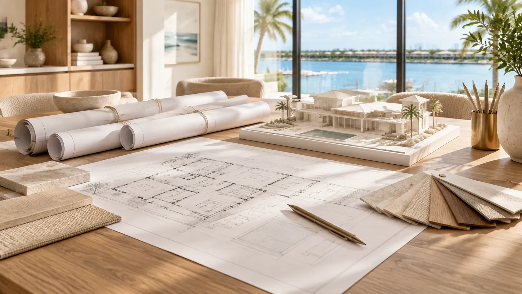 A renovation professional listening to homeowners while reviewing plans at a South Florida residence