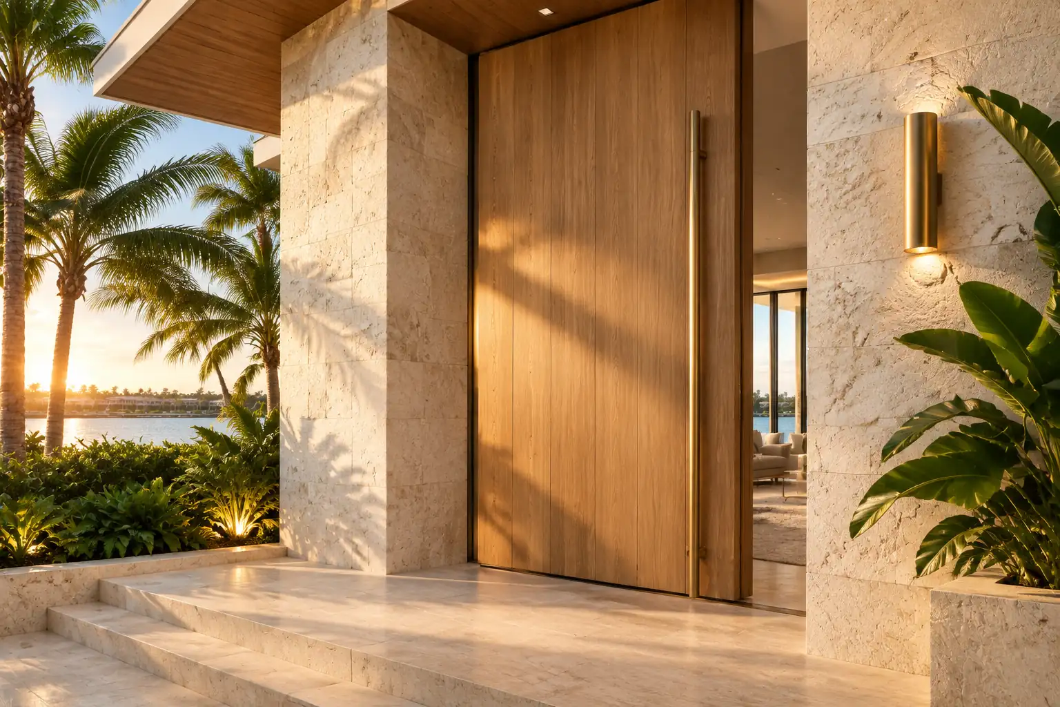 Sunlit South Florida custom home entry with natural stone, warm wood, glass, and a sculptural staircase