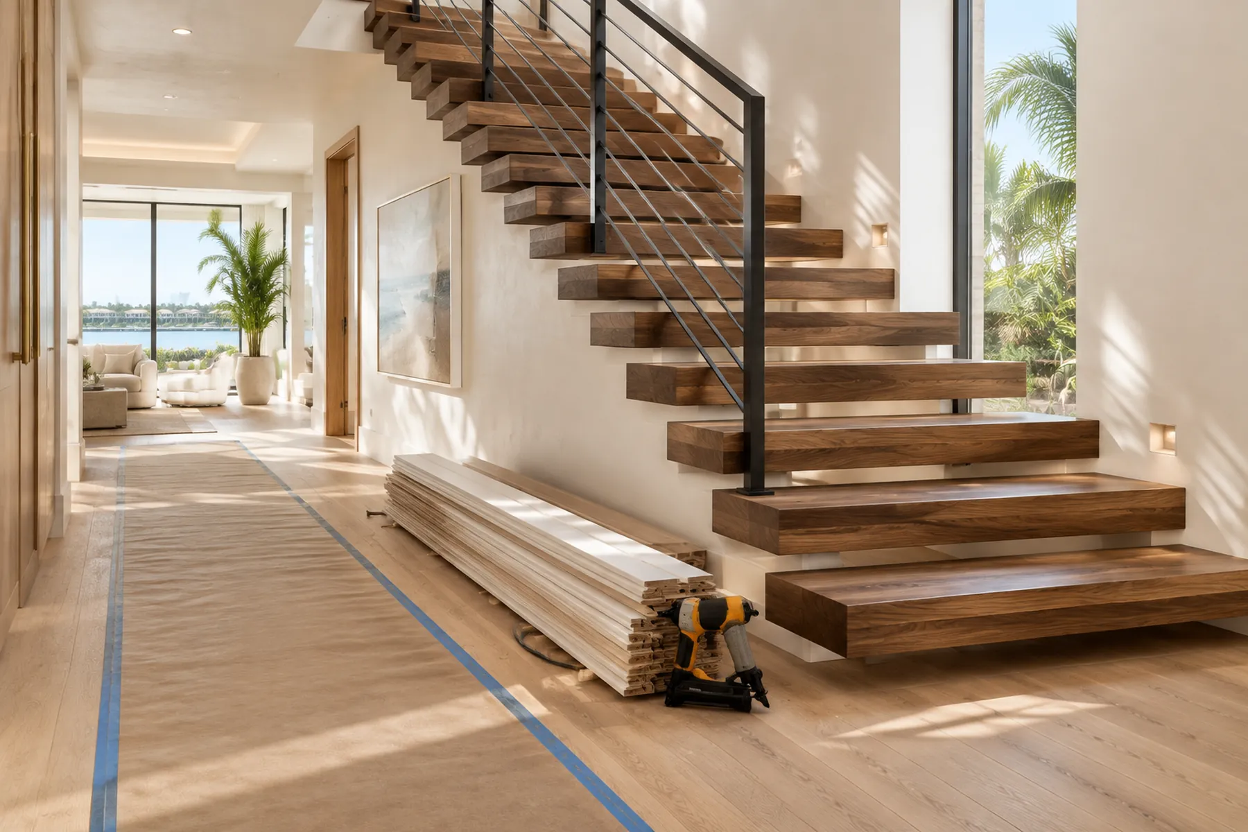 Completed open-plan South Florida residence with warm wood details and balanced natural light