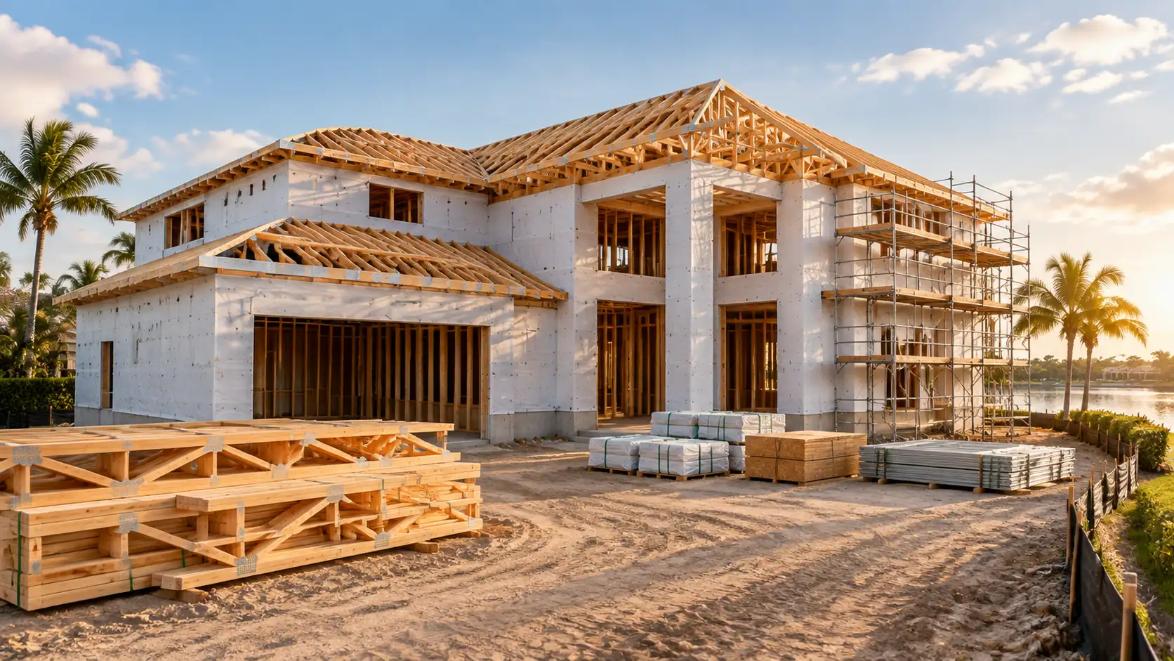 Custom home construction manager and homeowner reviewing plans inside an active Boca Raton residence