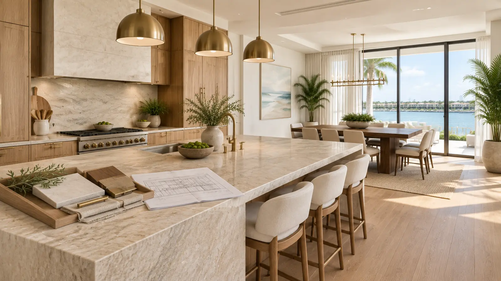 Design-build architect and contractor reviewing residential plans and material selections inside a refined South Florida renovation