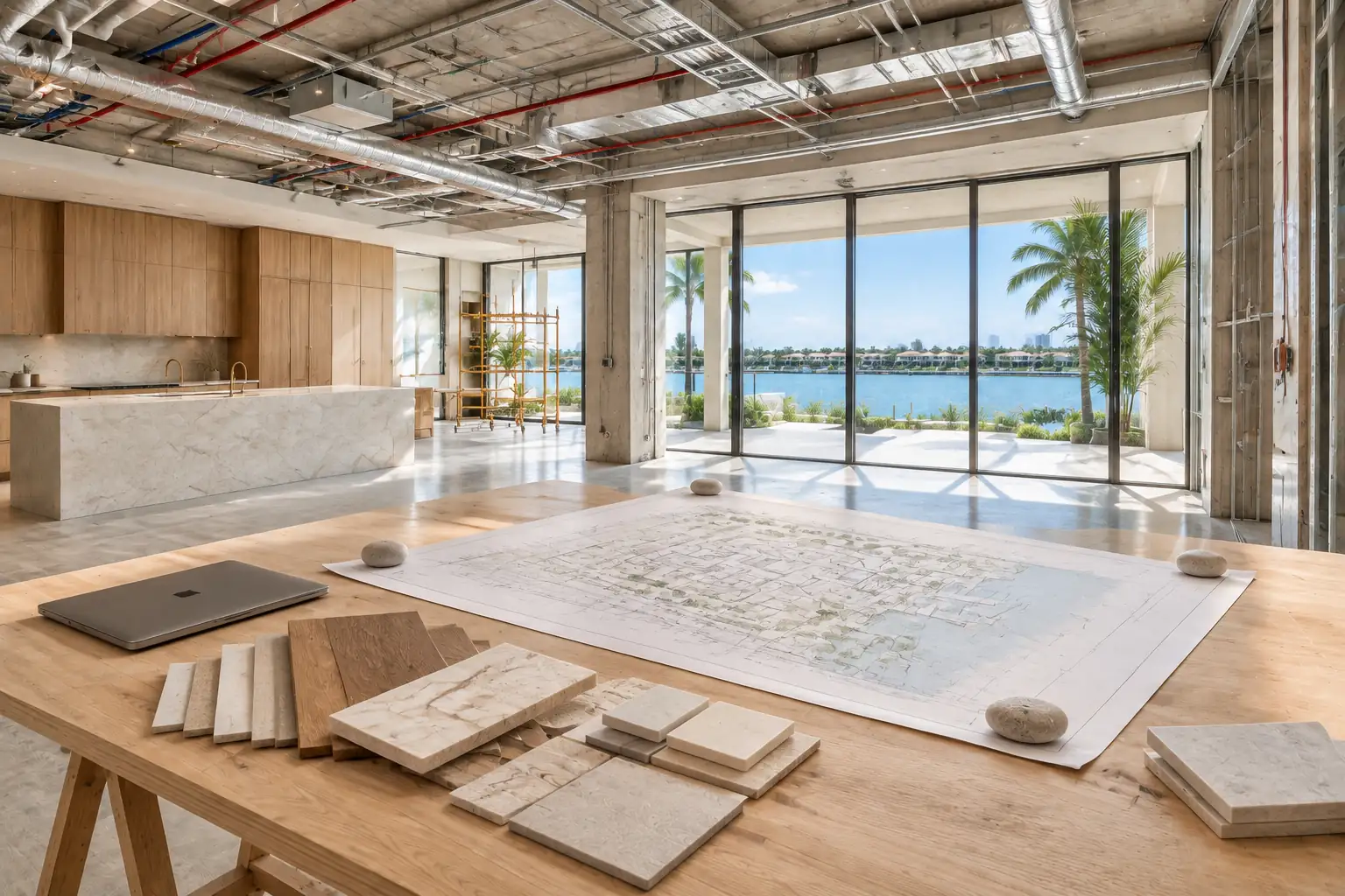 Design and construction professionals walking through a bright unfinished residential interior