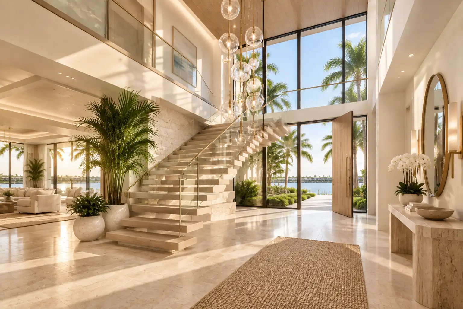 Completed upscale Florida residence with stone detailing, palm landscaping, and an integrated entry