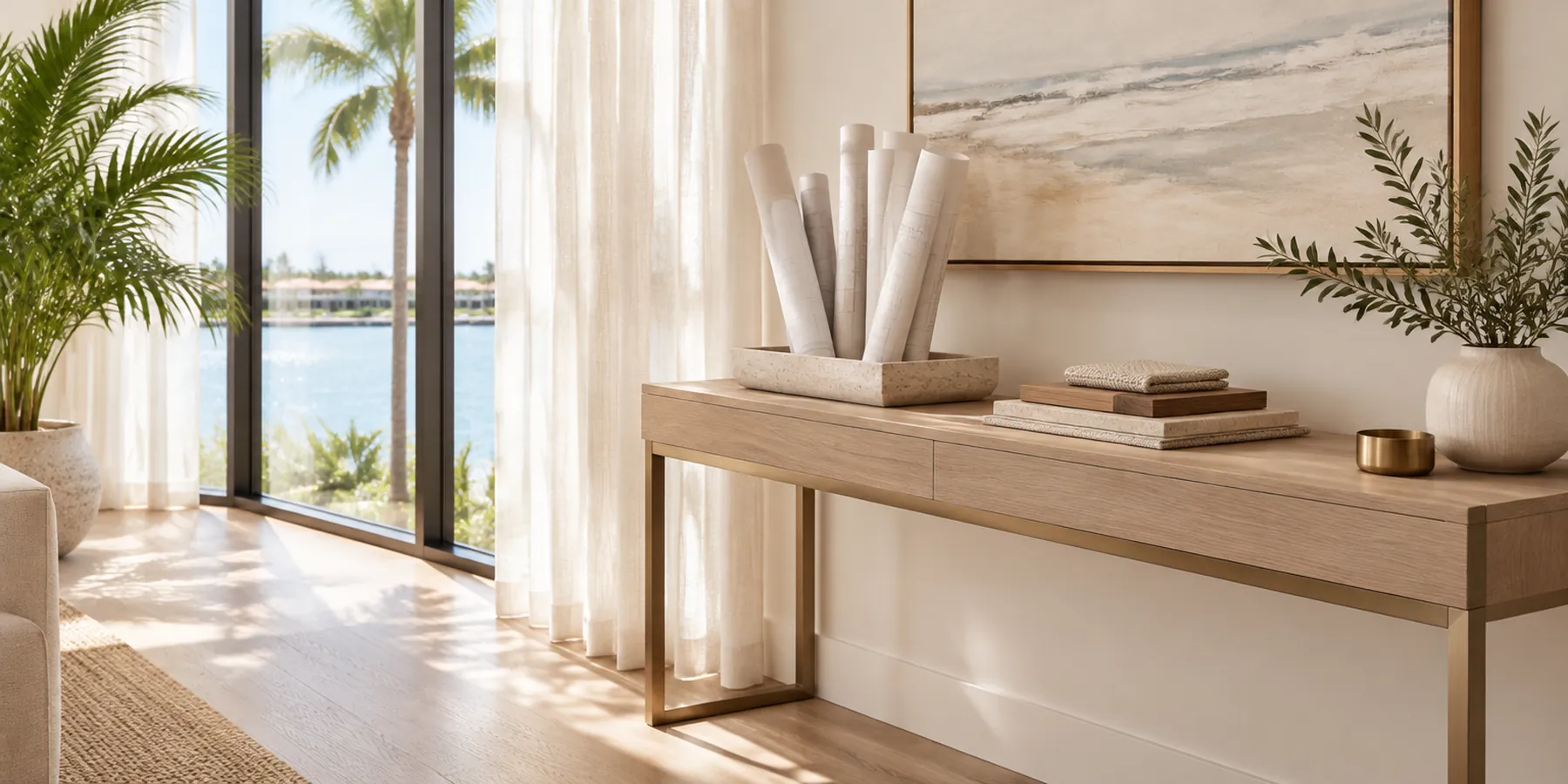 Homeowners and construction professionals reviewing architectural plans and material selections in a refined South Florida interior
