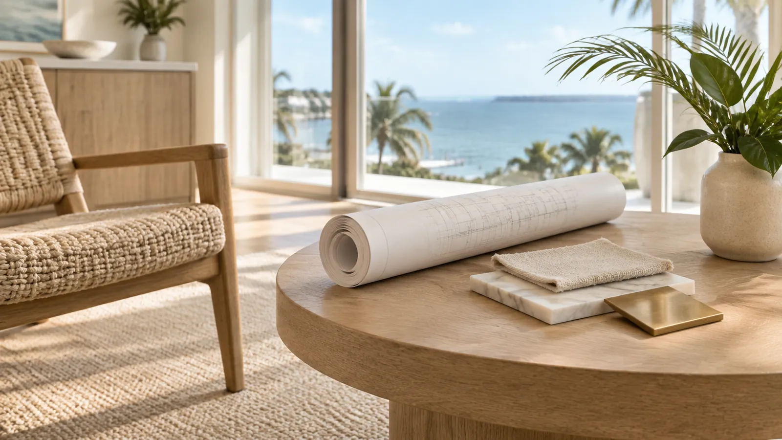Architectural plans, scale tools, and natural material samples arranged for a Boca Raton construction planning session
