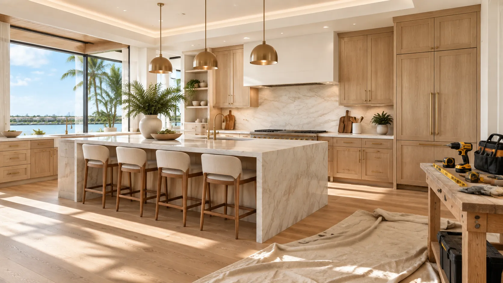 General contractor reviewing architectural plans inside an organized luxury South Florida residential renovation