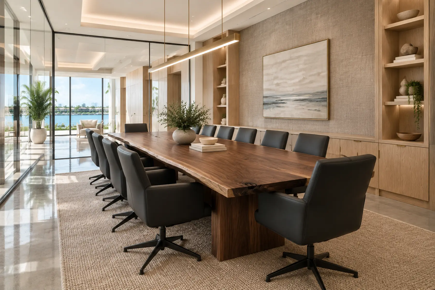 Bright renovated office with glass partitions, integrated workstations, and natural wood flooring