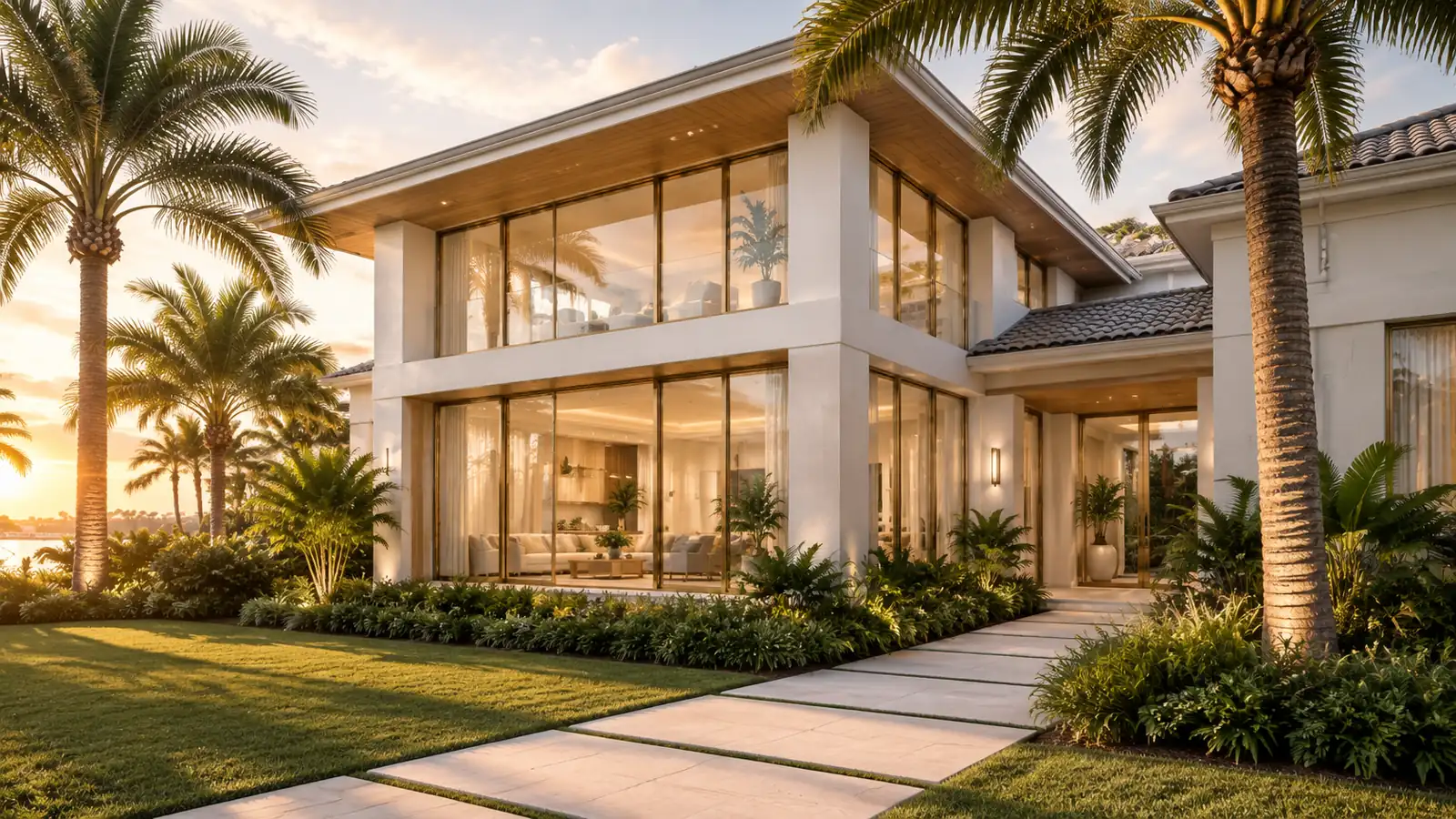 Architect reviewing plans beside a luxury South Florida residence with a new addition under construction