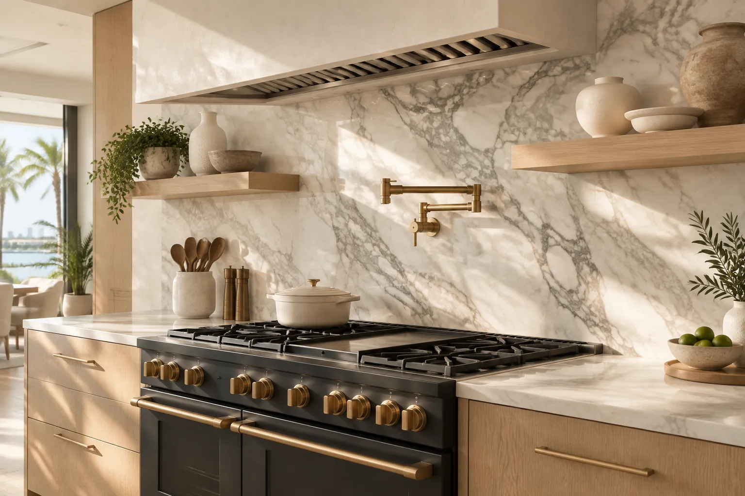 Precisely installed custom kitchen cabinetry, natural stone, and finish details
