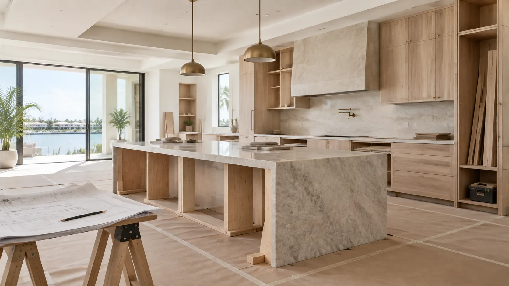 Completed custom kitchen with coordinated cabinetry, stone surfaces, island seating, and lighting