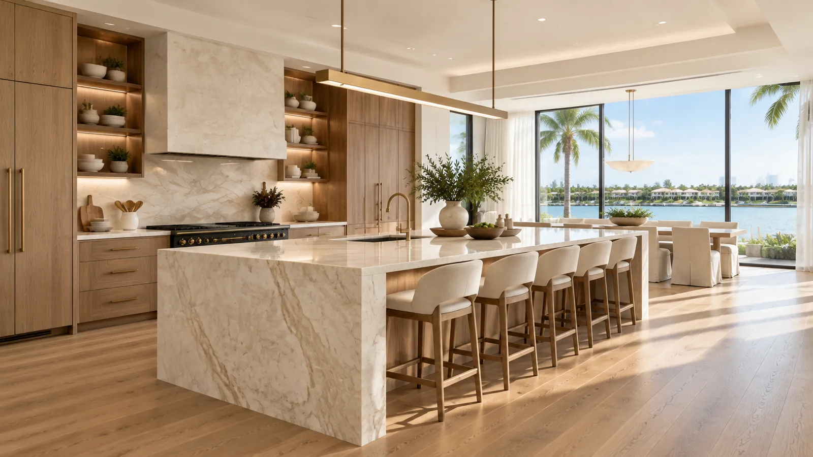 Kitchen renovation contractor reviewing cabinet plans in a luxury South Florida kitchen nearing completion