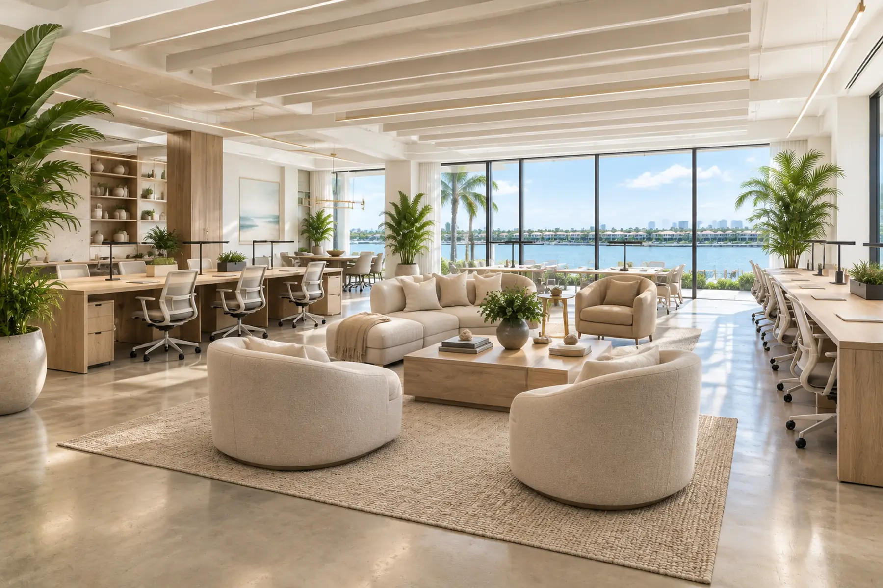 Refined Boca Raton office corridor with glass partitions, natural wood flooring, and integrated lighting