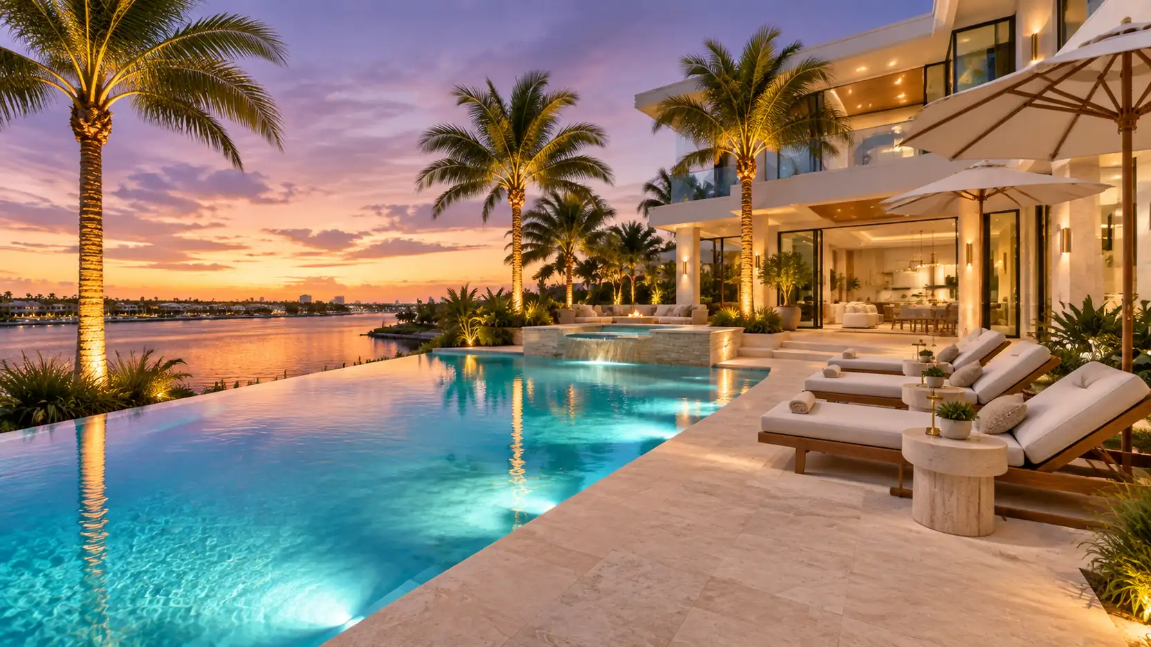 Completed luxury Boca Raton outdoor living space with a custom pool, integrated spa, covered terrace, and tropical landscaping
