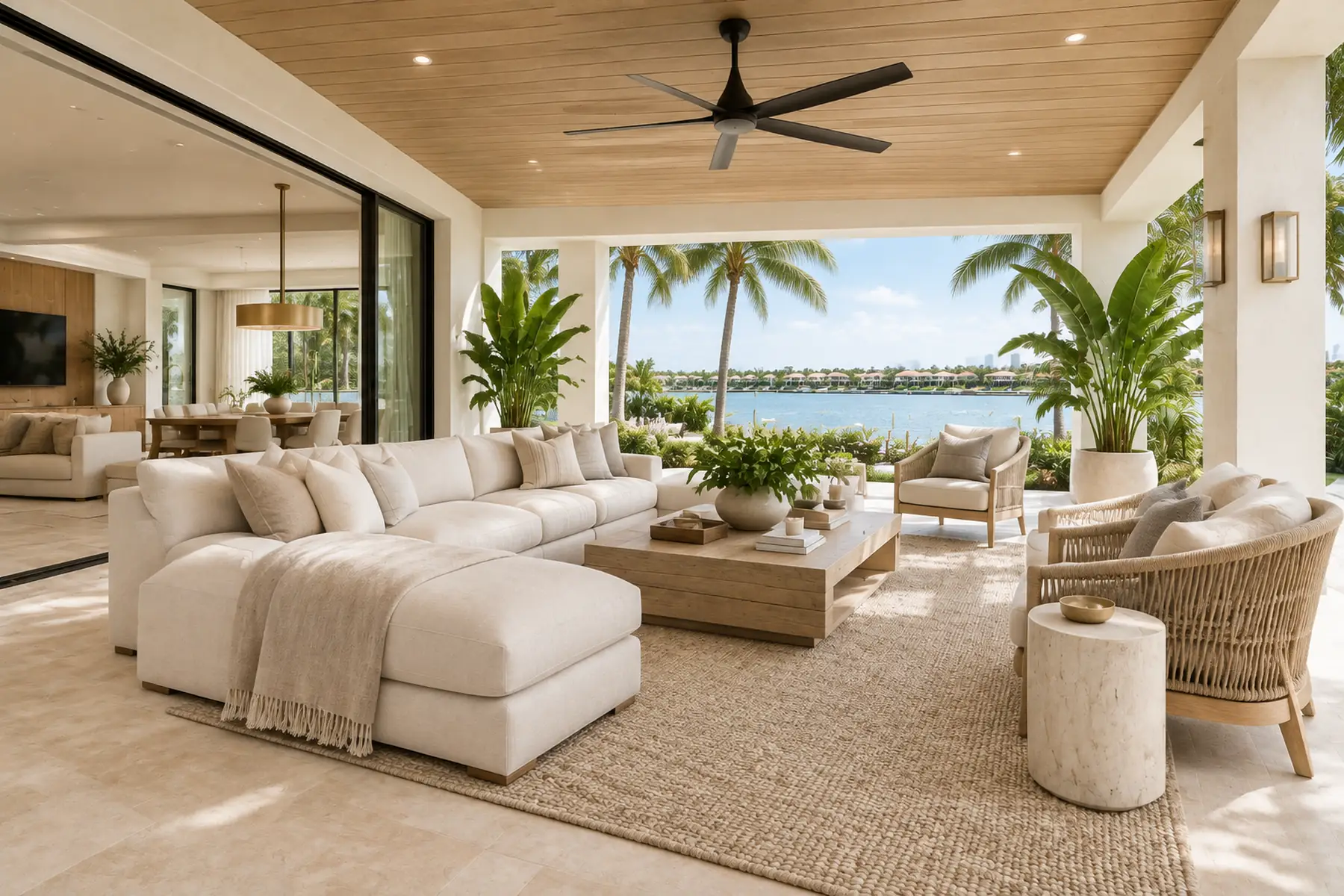 South Florida living room opening toward a landscaped pool and tropical garden