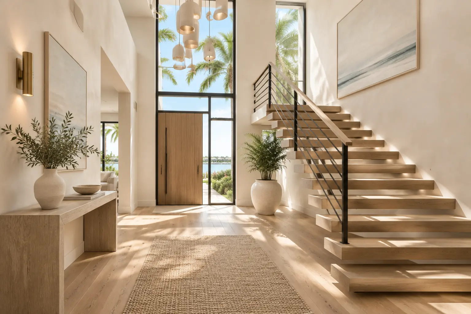 Completed coastal contemporary home renovation with custom kitchen and garden views