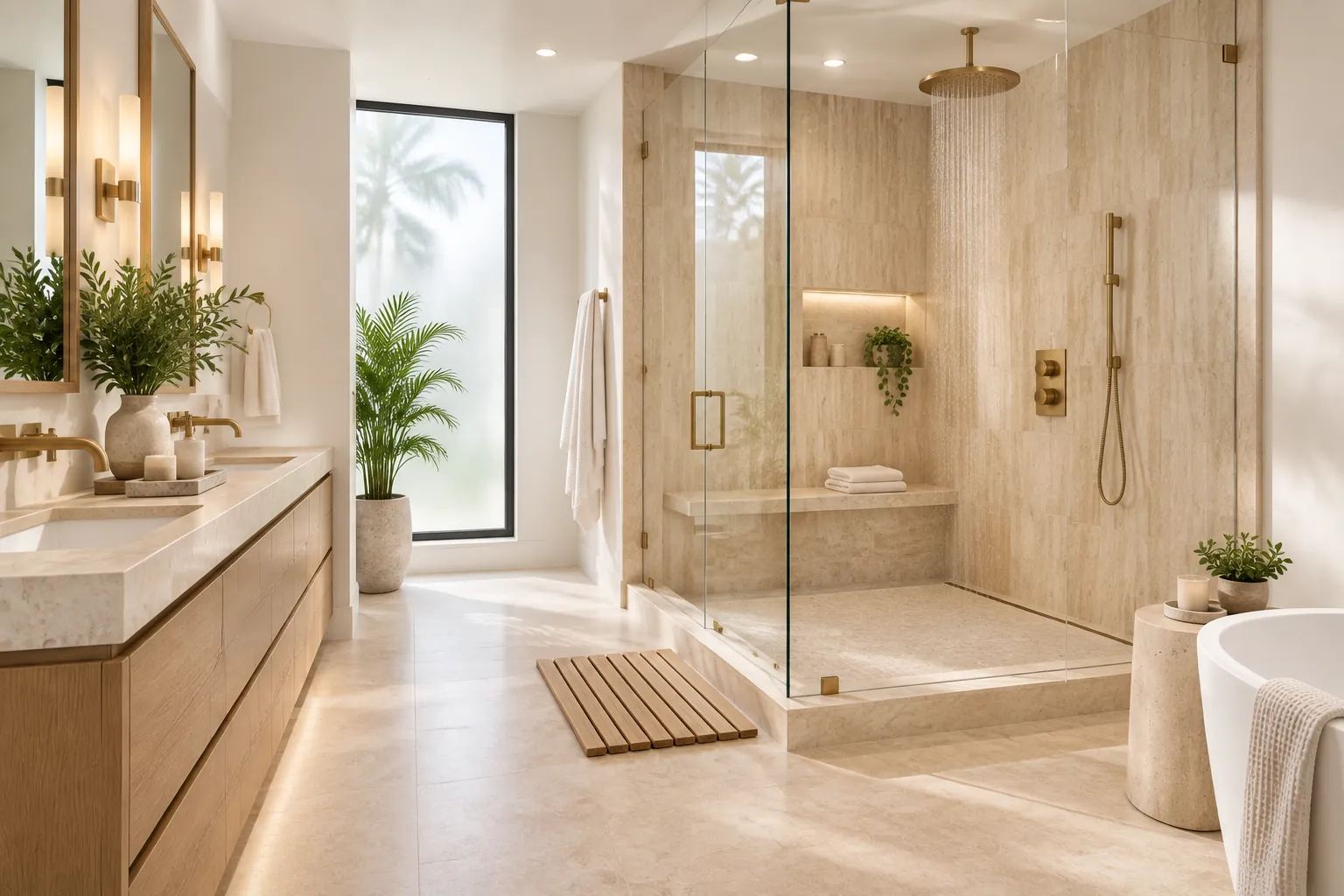 Luxury bathroom renovation with natural stone, custom vanity cabinetry, and a glass shower