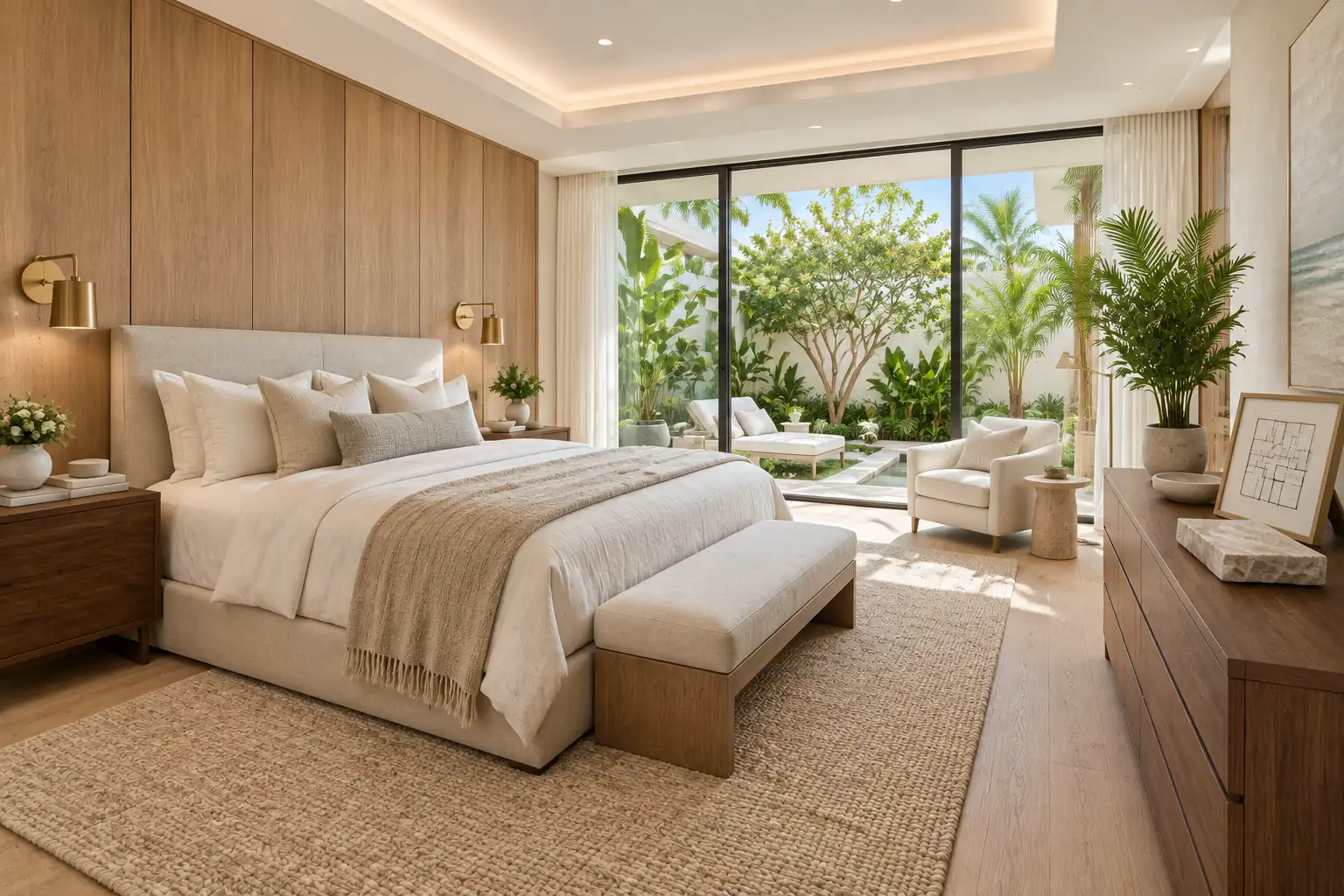 Architectural plans, material samples, and a physical model arranged for a Boca Raton design-build project