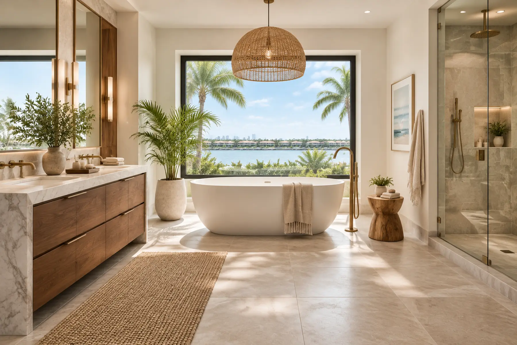 Custom bathroom vanity with fluted wood cabinetry, natural stone, and warm architectural lighting