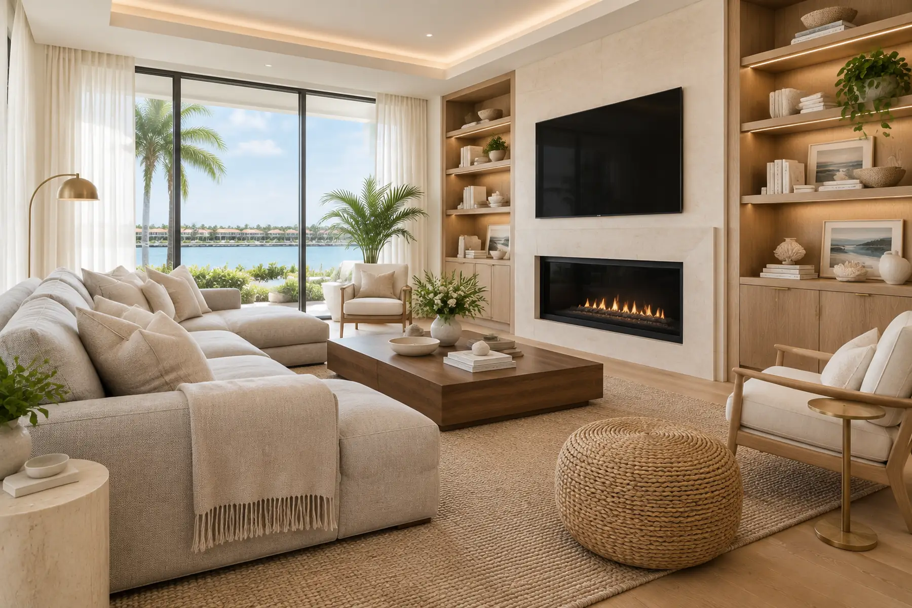 Completed Boca Raton whole-home renovation with warm wood details and connected living spaces