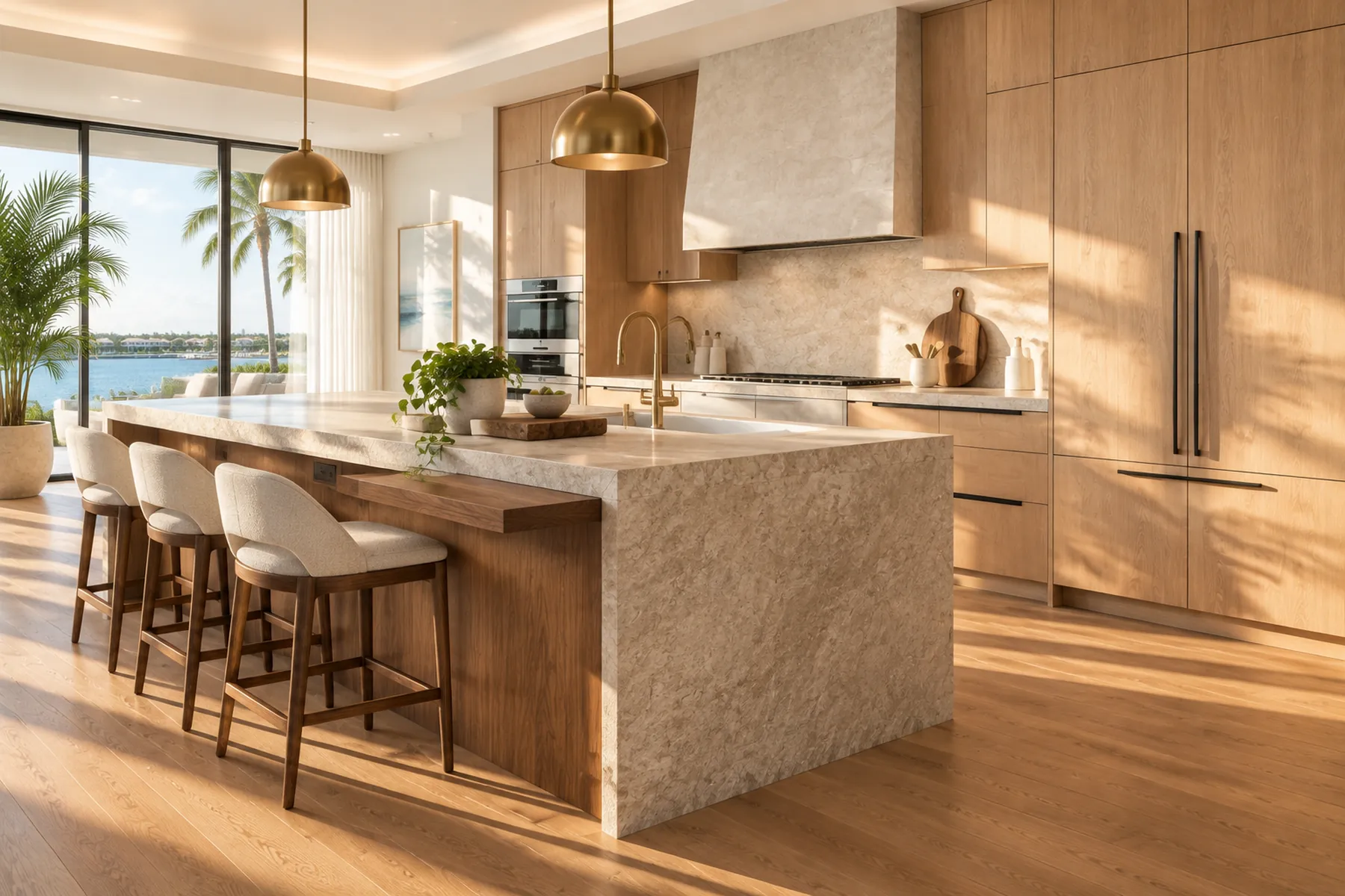 Completed South Florida kitchen renovation with custom wood cabinetry, stone counters, and island seating
