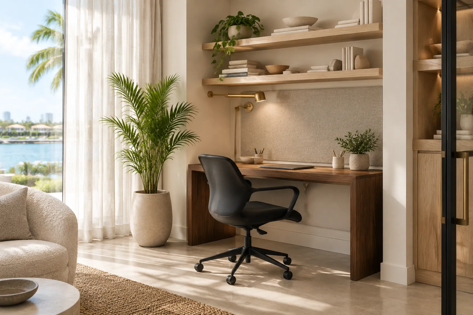 Bright Boca Raton office renovation with glass partitions, natural wood flooring, and planted details