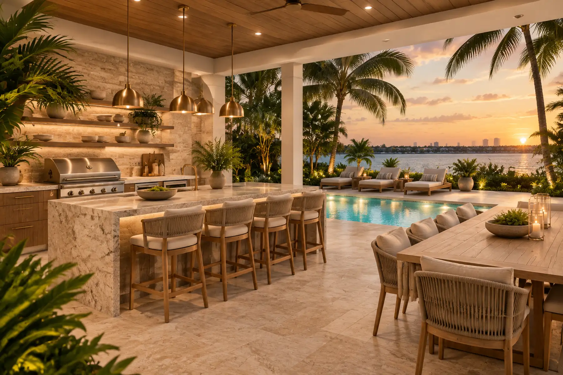 South Florida living space opening directly to a landscaped pool terrace